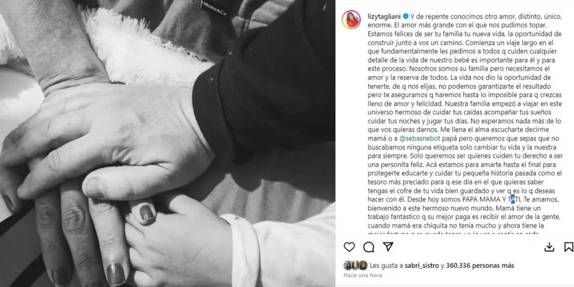 Lizy Tagliani comparte la primera foto de su hijo junto a una carta emotiva titulada “Papá, mamá y Tati”